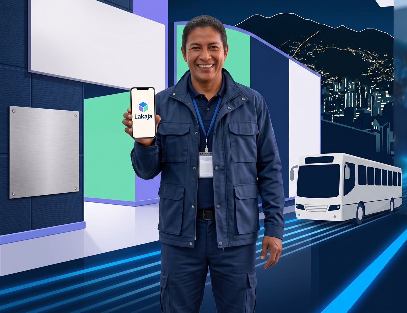 Un trabajador sonriendo mientras muestra la aplicacion de Lakaja en su celular