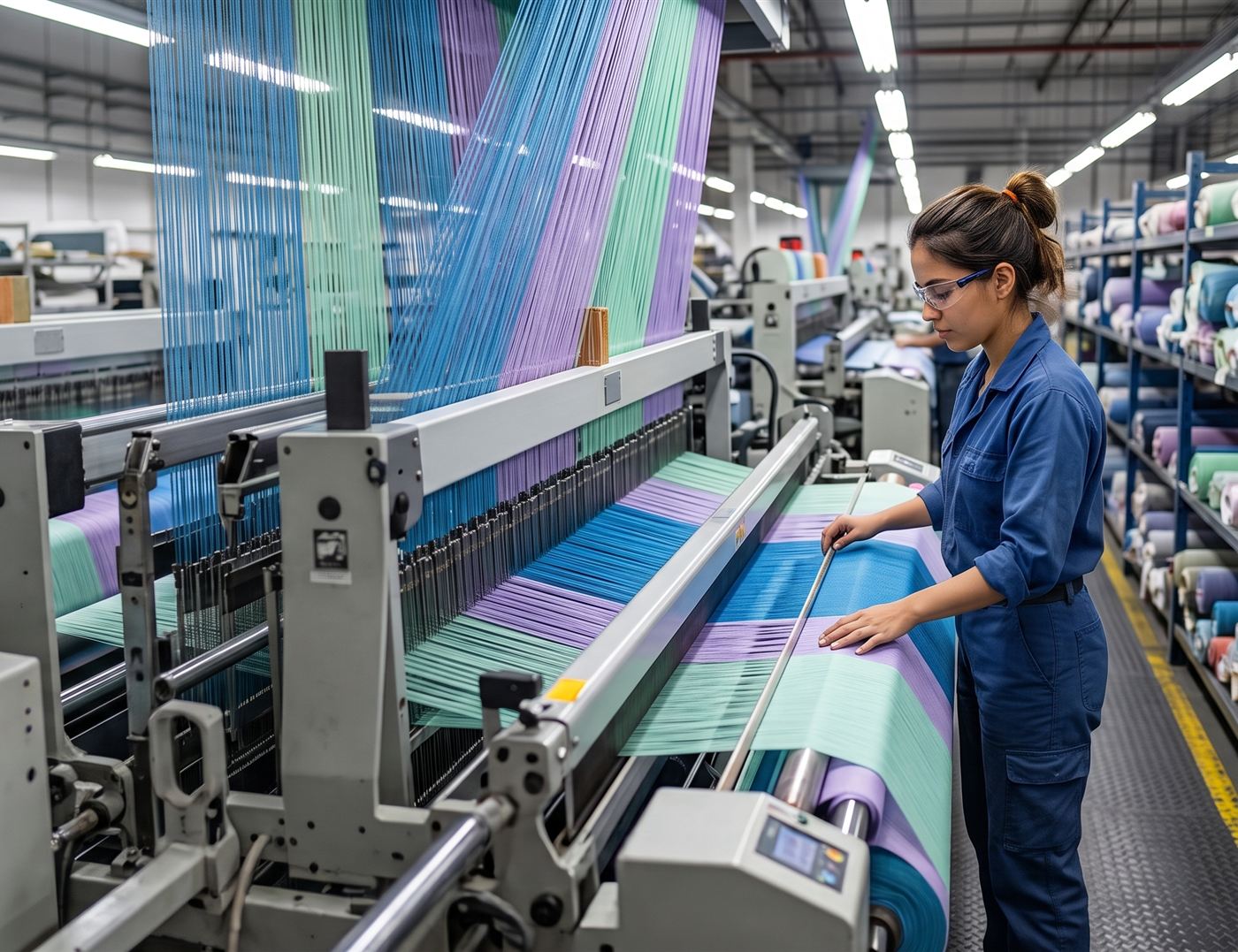 Una operaria revisando la tela en un telar de una fabrica textil